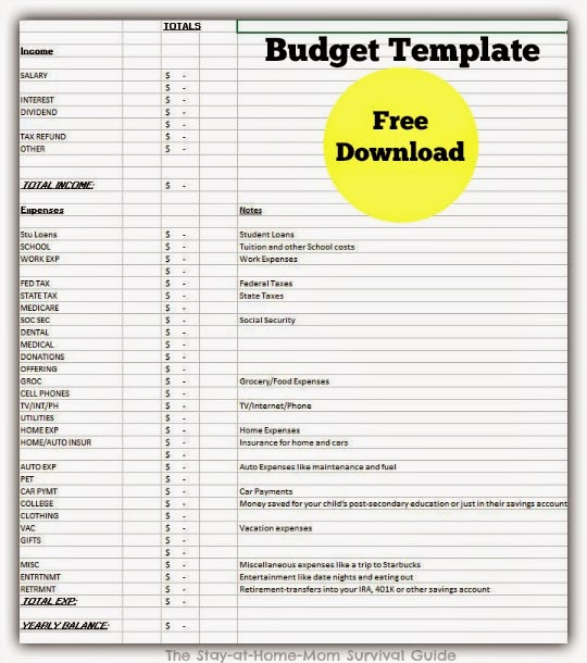 Full year free download budget template available at The Stay-at-Home-Mom Survival Guide.