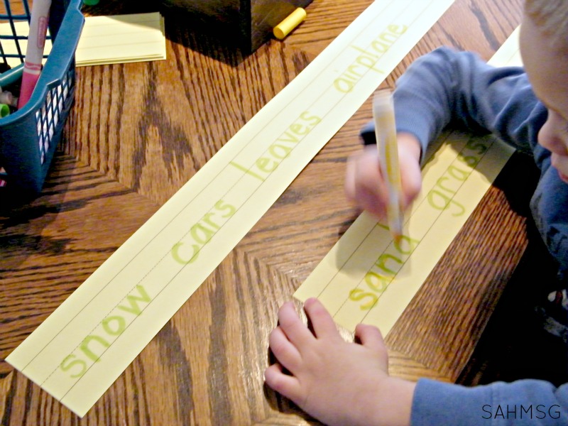 Use a highlighter to create a simple word trace and use the words as part of a word wall at home to encourage strong reading skills beginning with toddlers, preschool and school age kids.