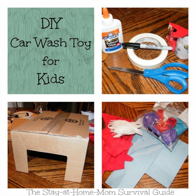DIY Car Wash Toy for Kids from a Cardboard box and supplies you have at home from The Stay-at-Home-Mom Survival Guide.