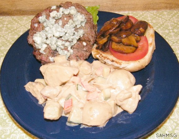 blue burgers with balsamic glazed mushrooms and apple balsamic potato salad