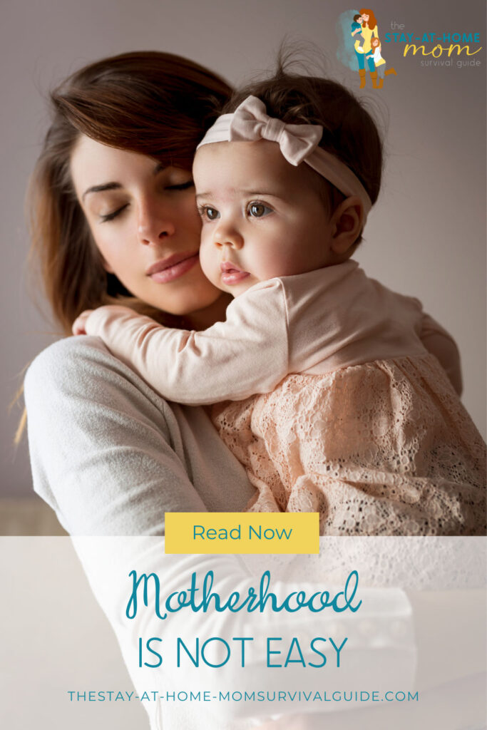 Mother with a serene look on her face is holding her daughter. Text reads read now motherhood is not easy.