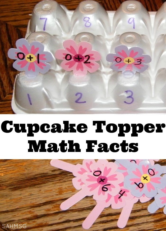Use cupcake toppers and an egg carton to create a simple math facts activity for school age kids.