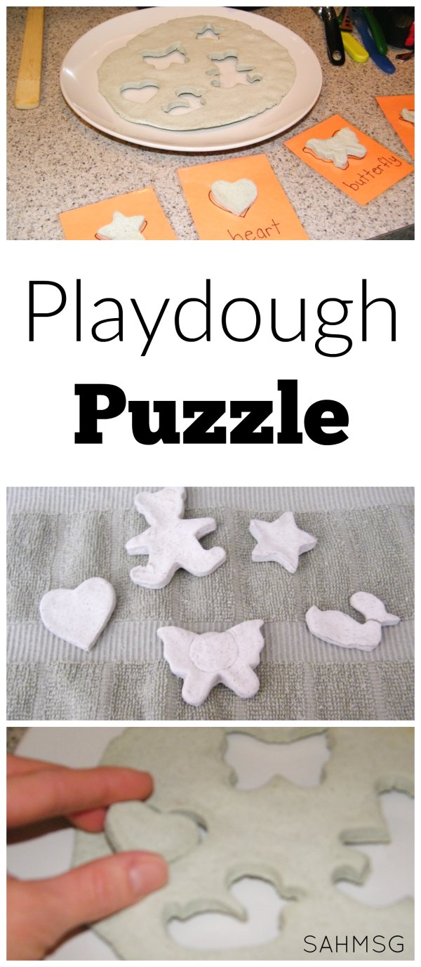 Make a homemade playdough puzzle. A DIY puzzle that uses play dough for the puzzle and pieces.