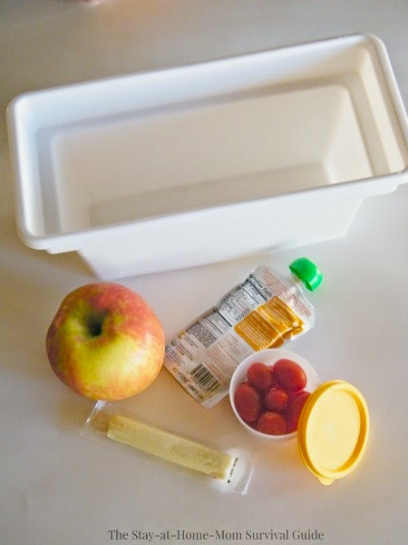 Set up this simple fridge snack box for kids so they can help themselves to snacks that you have stocked for them-easy to get healthy options in their reach and saves mom time. 