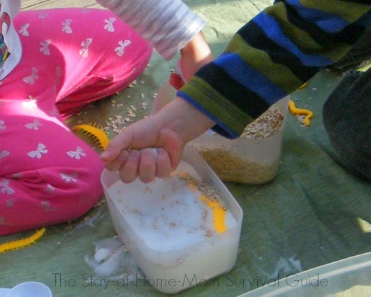Sensory Bin Fillers for 40 Days! Up first: oats and salt sensory bin filler for toddlers and preschool.
