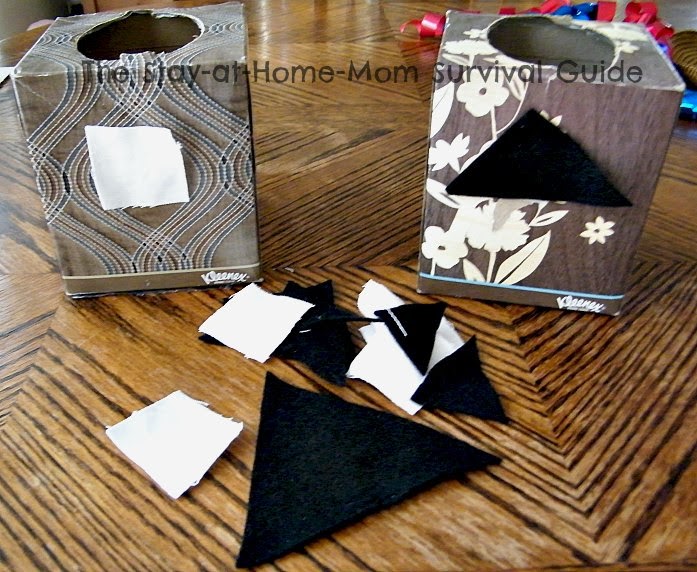 Cut fabric scraps are taped to the kleenex boxes to sort by color and shape