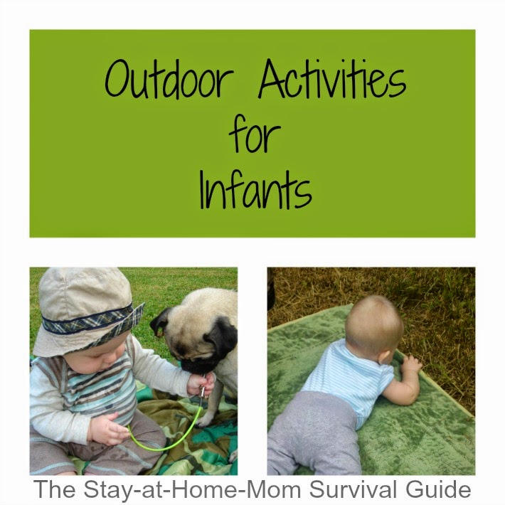 Easy ways to help an infant (2 months old and up) play outside. Anyone can try this and there are a lot of options for engaging infants of all ages shared by The Stay-at-Home-Mom Survival Guide.