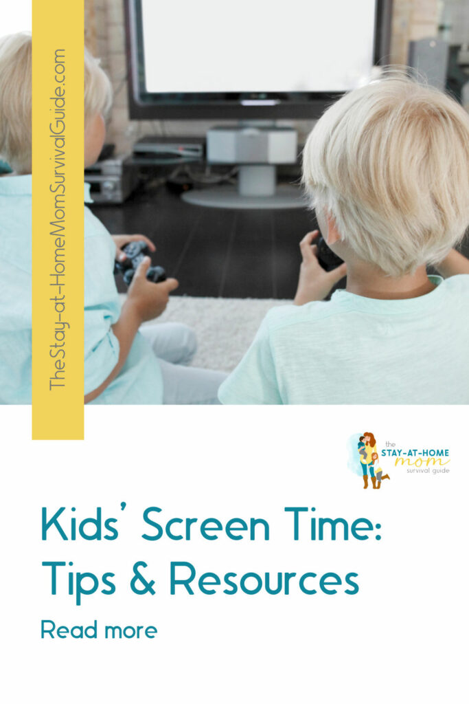Two children holding video game controllers playing games. Text reads kids' screen time tips and resources.