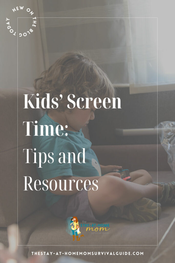 Young boy holding a Nintendo switch. Text reads kids' screen time tips and resources.