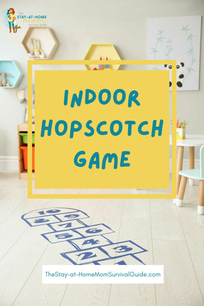 Hopscotch game shown on the floor of a preschool room. Text reads indoor hopscotch game.