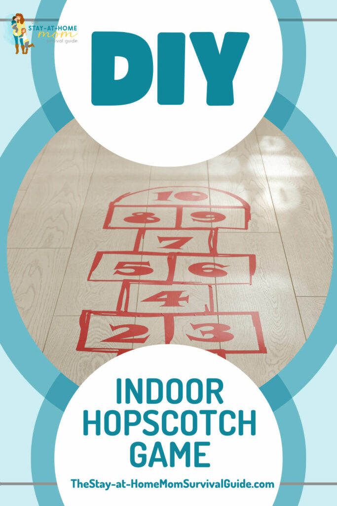 Indoor hopscotch game on the floor. Text reads indoor hopscotch game DIY.