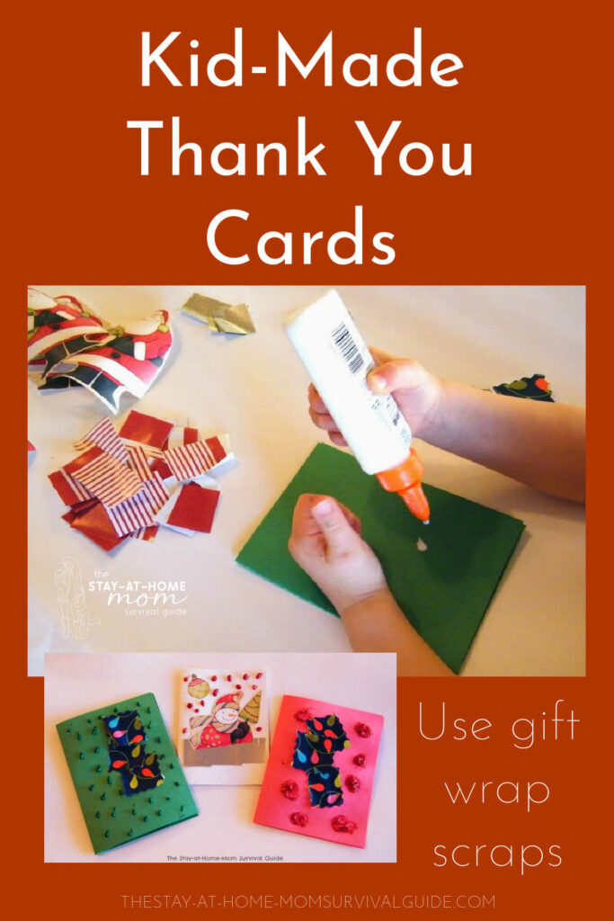 Child's hand shown gluing gift wrap scraps onto a card. Text reads kid-made thank you cards.