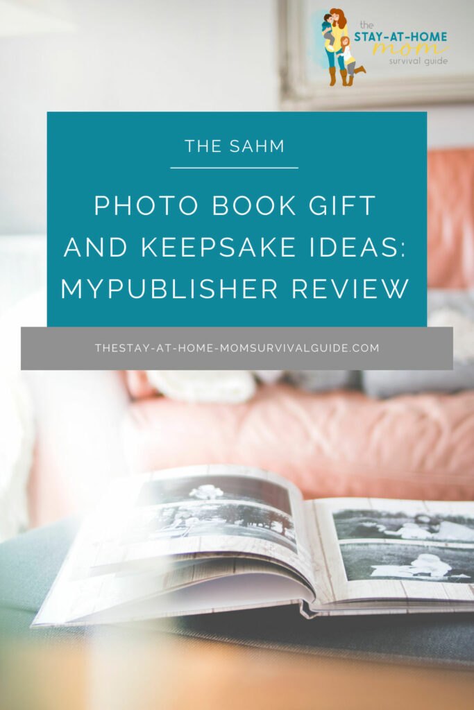 Open photo book sitting on a coffee table. Text reads photo book gift and keepsake ideas MyPublisher review.