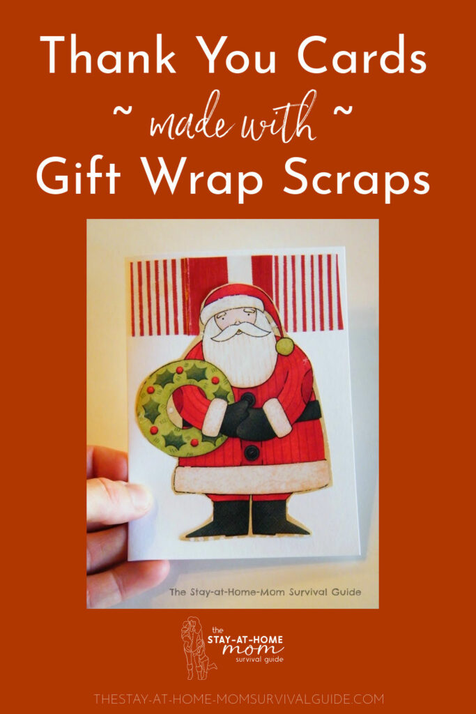 Homemade greeting card shown. Text reads thank you cards made with gift wrap scraps.