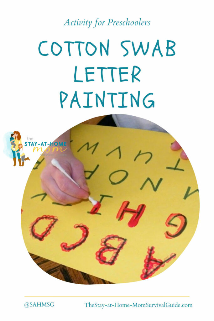Child hand holding cotton swab and tracing letters. Text reads cotton swab letter painting.