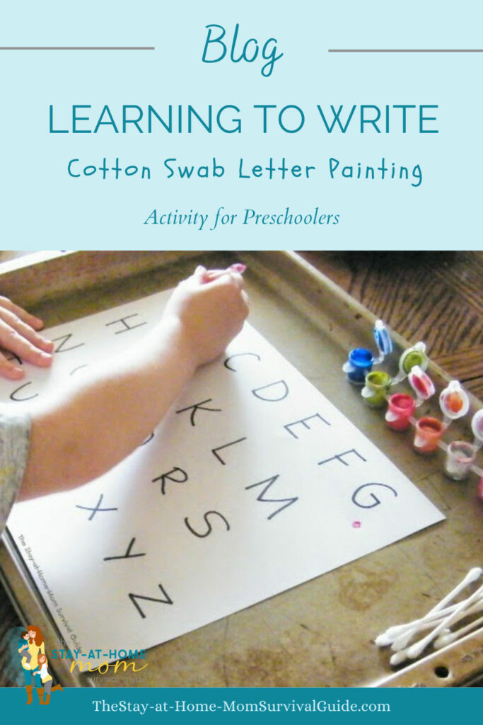 Child using cotton swabs to trace the alphabet for letter learning. Text reads learning to write cotton swab letter painting activity for preschoolers.