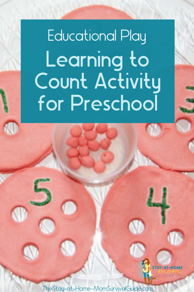 Playdough counting game shown in background. Text reads educational play learning to count with playdough activity for preschool.