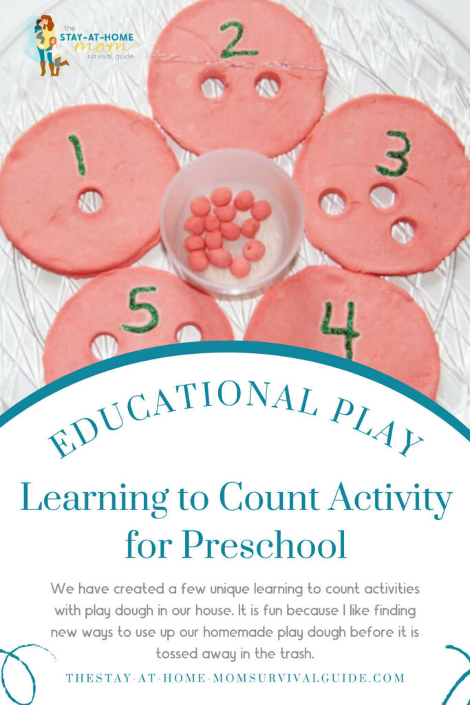 Playdough puzzle for learning to count shown. Text overlay reads educational play learning to count activity for preschool. Great idea for using up old playdough.