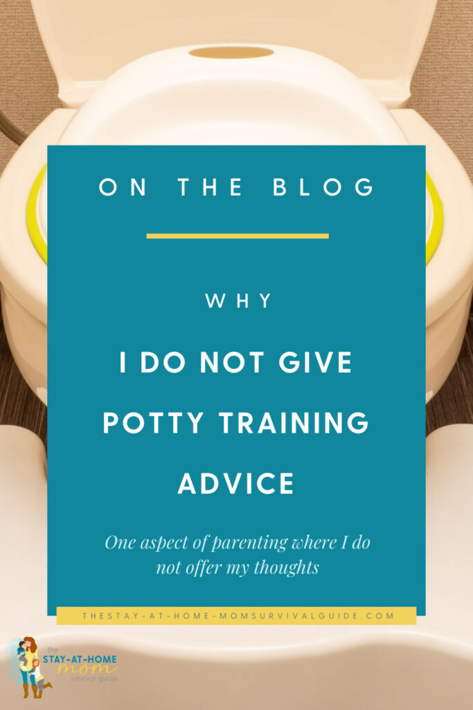 Potty training toilet seat in regular sized toilet with text overlay that read on the blog why I do not give potty training advice.