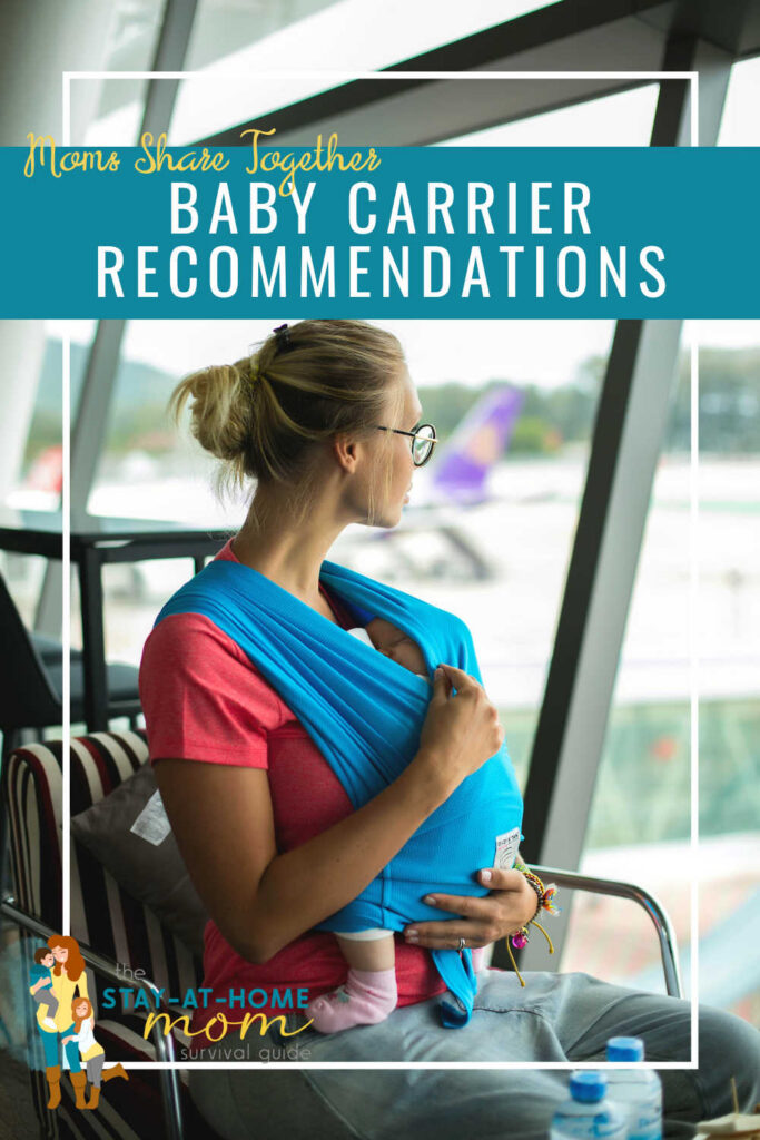Mother with a small baby in a baby carrier seated in an airport waiting area. Text reads baby carrier recommendations.