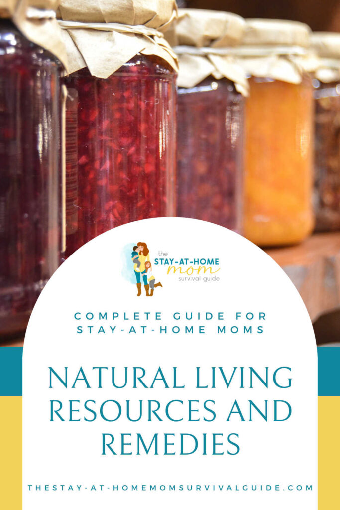 Jars of homemade jam lined on a shelf. Text reads complete guide for stay at home moms natural living resources and remedies.