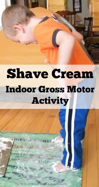 Too hot to play outside? Try some gross motor and sensory play indoors! Tips to contain the mess help this activity get the kids moving with some simple sensory play without making a huge mess.