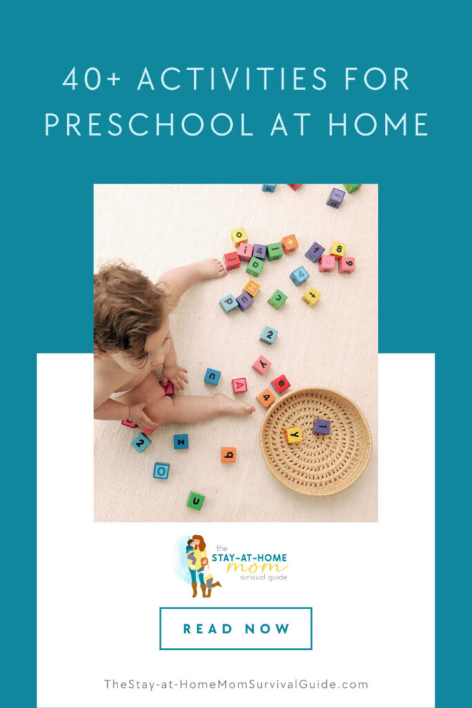 Small child playing with letter blocks on the floor. Text reads 40 plus activities for preschool at home.