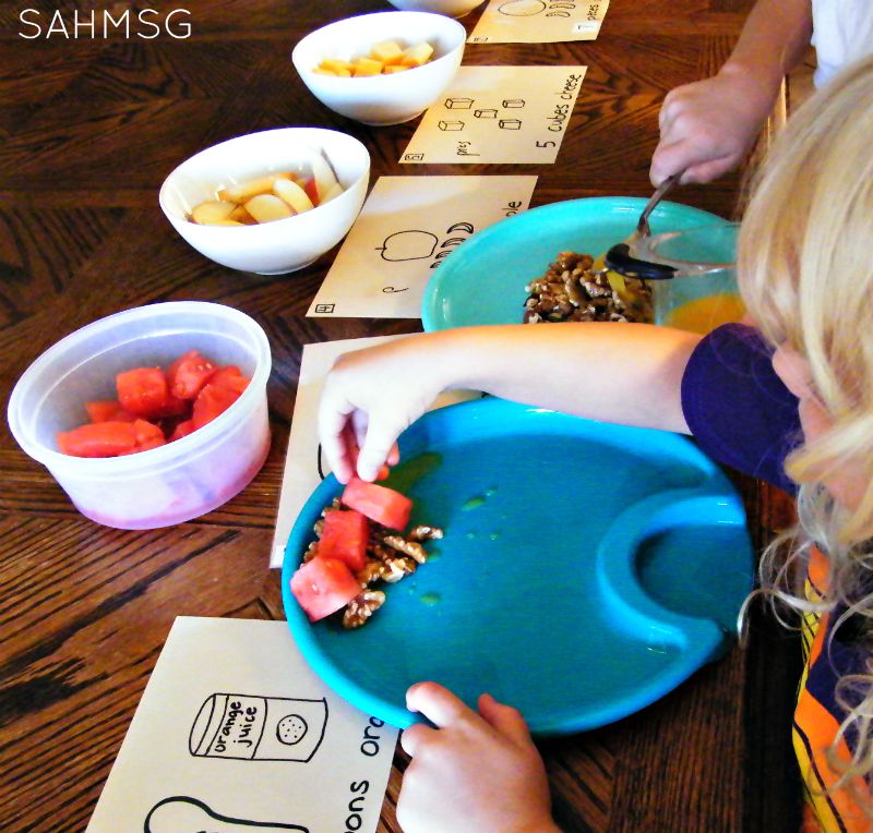 Kids make number salad with easy to read and count recipe cards-great counting activity for kids!