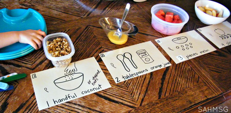 Set up for making Number Salad counting activity AND healthy snack for kids!