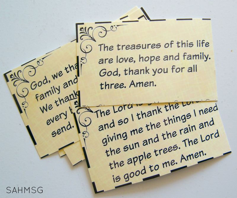 Free printable grace cards to help teach children how to say grace, pray, and be thankful. Free download for newsletter subscribers of The Stay-at-Home Mom Survival Guide.