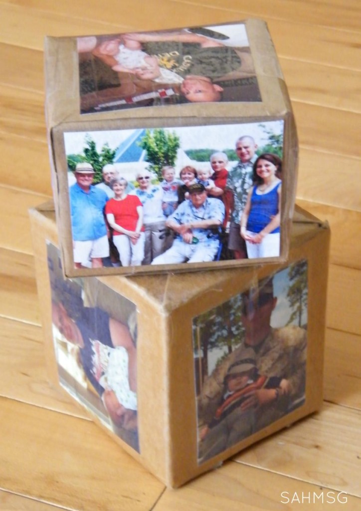 DIY Photo Blocks made from milk cartons-a fun DIY building block toy for infants and toddlers.
