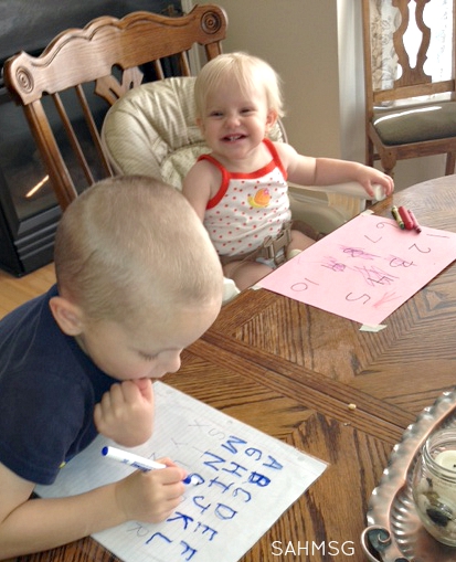 Try this simple writing center that works for preschoolers and toddlers. It teaches pre-writing skills and basic concepts and works great as an activity during dinner prep time.