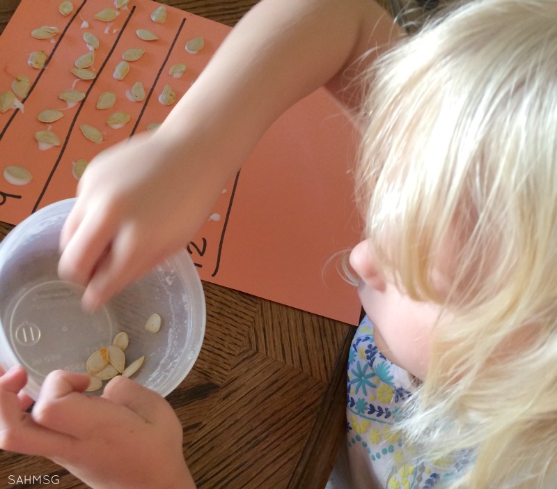 A fine motor acticity using pumpkin seeds for practicing counting and number recognition skills in preschoolers.