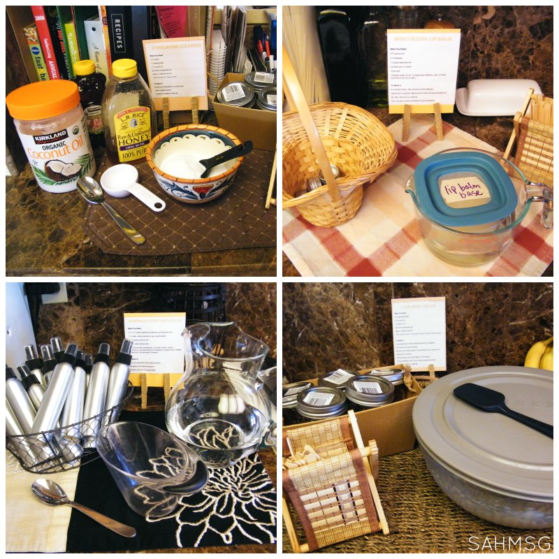 Holiday kickoff make n take playdate DIY spa and home item stations.