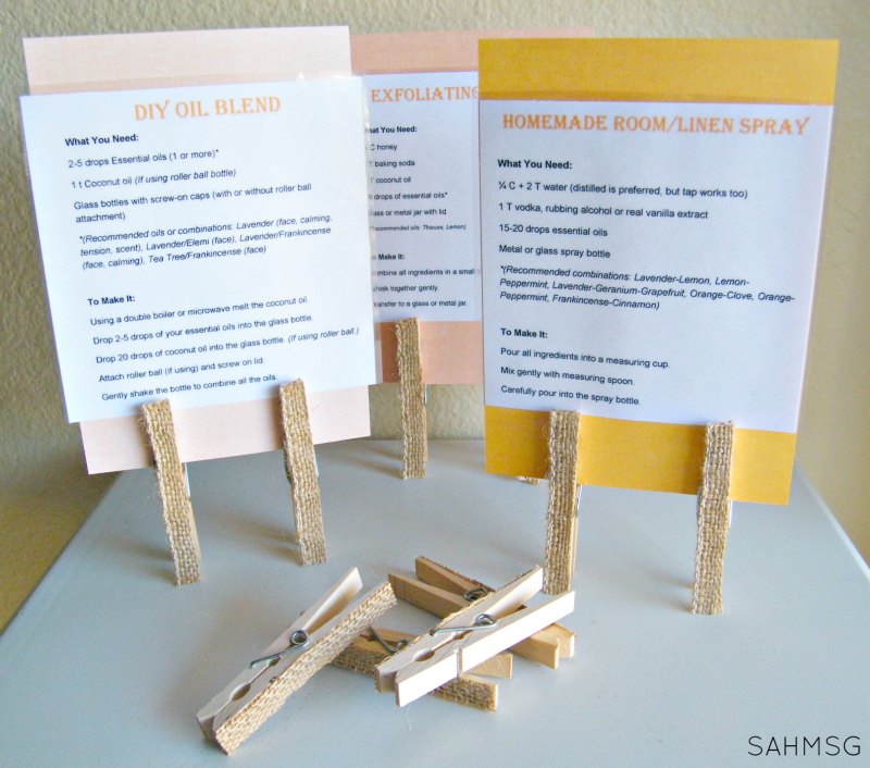 Essential oils make n take recipe card stands used at a holiday kickoff make n take playdate.