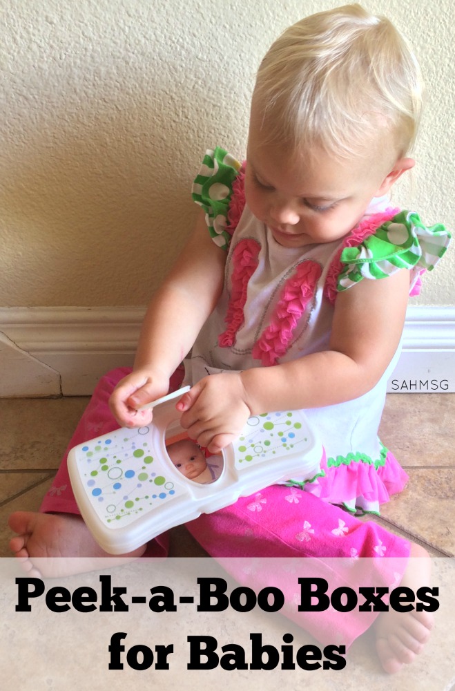 Simple DIY toy for infants-Peek-a-Boo boxes made from a wipes container or cardboard box teaches fine motor and object permanence skills to infants from 4 months and up.