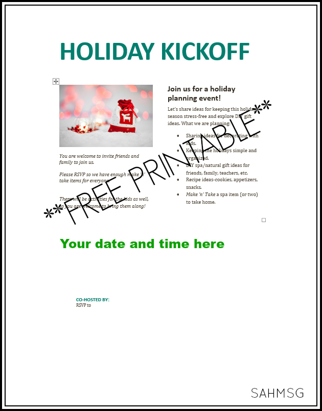 Free printable invitation for a holiday kickoff make n take playdate. Moms can make spa and home items with essential oils and the kids can play. HOw to ideas included.