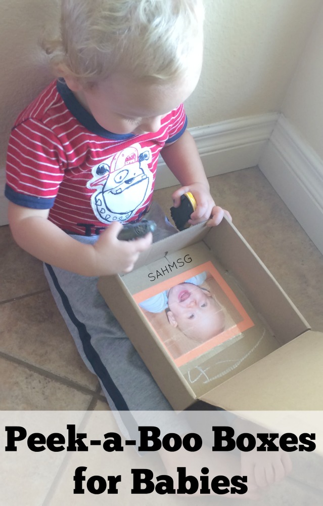 Super simple DIY toy for babies using a wipes container or small cardboard box.