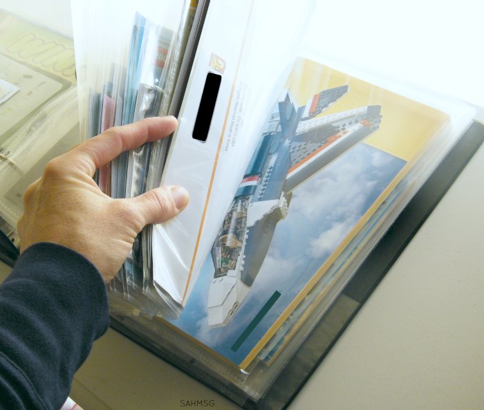 Binders are a great way to organize toy brick building set manuals. 4 more tips in Get an Organized House with Kids!