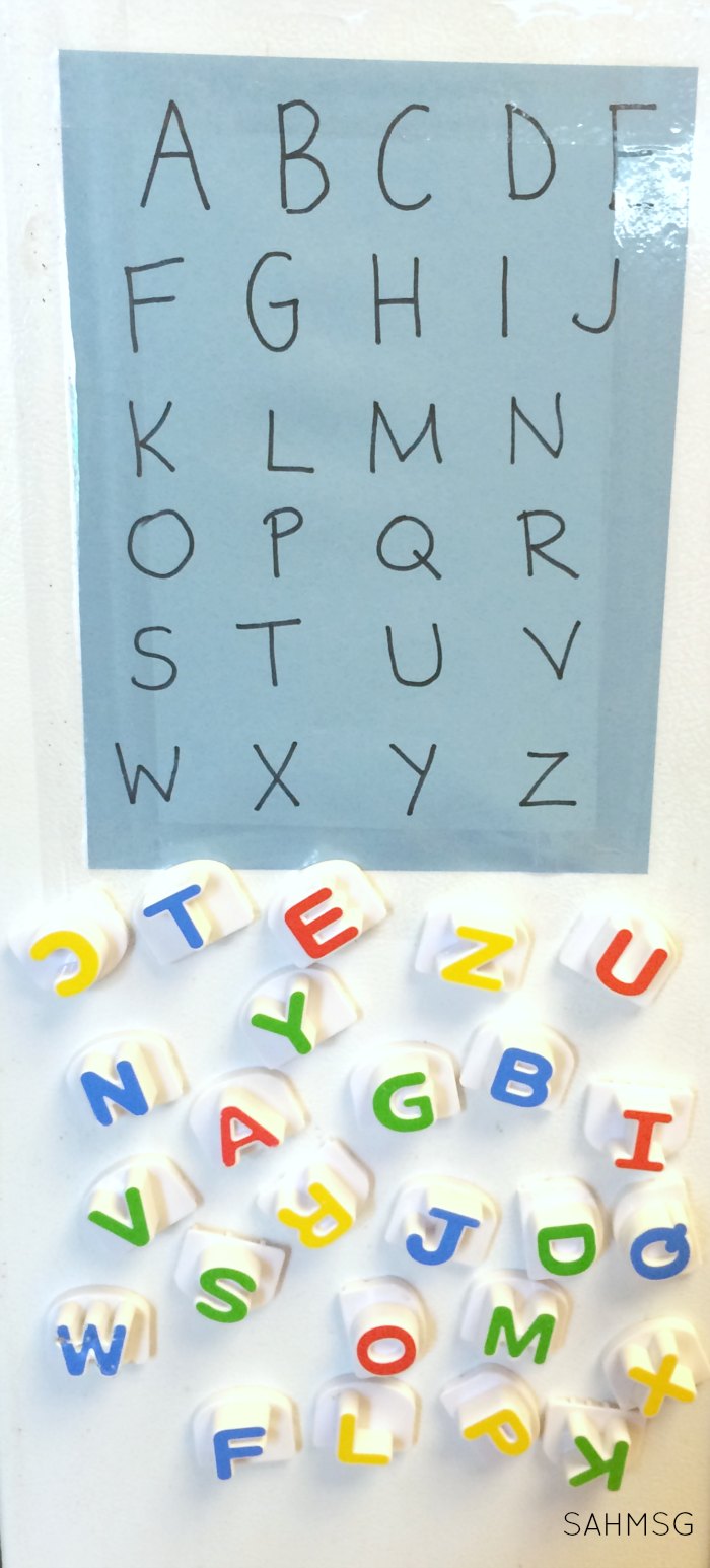 Preschool letter matching activity for the front of the fridge-use magnetic letters and construction paper to create 2 preschool letter matching activities to increase literacy skills in preschool children.