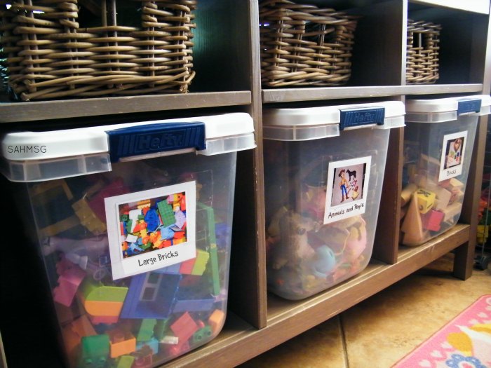 Toy storage idea, tips for organizing household paperwork and also toy brick building set manuals all in Get a More Organized House with Kids.