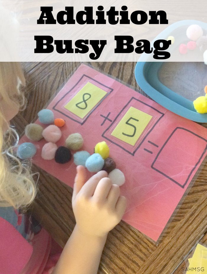 Explore addition with a hands-on addition busy bag for practicing addition concepts, counting and number identification for children in kindergarten or as young as preschool. Adaptations included for younger children.