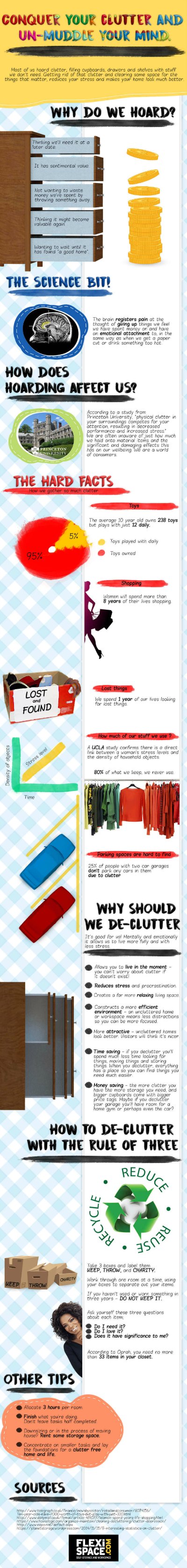 Why do we hoard things? Did you know that it adds stress to your life-that is a proven fact. This handy infographic shares insights on why we hoard, how it affects our stress levels and how we can get a decluttering mindset to live happier.