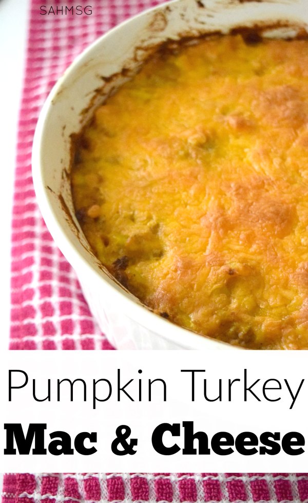 Pumpkin Turkey Mac and Cheese recipe. Great for using Thanksgiving leftovers.