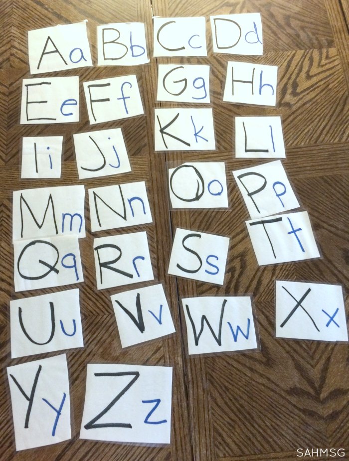 Alphabetical order hands-on activity for preschool at home. Preschool activities made from simple, free supplies are the best!