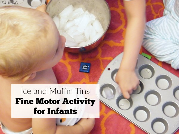 Ice and muffin tin fine motor and sensory activity for infants that is a quick one to put together and clean up.