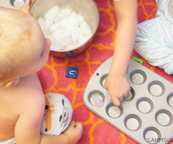 Ice and muffin tin fine motor and sensory activity for infants that is a quick one to put together and clean up.