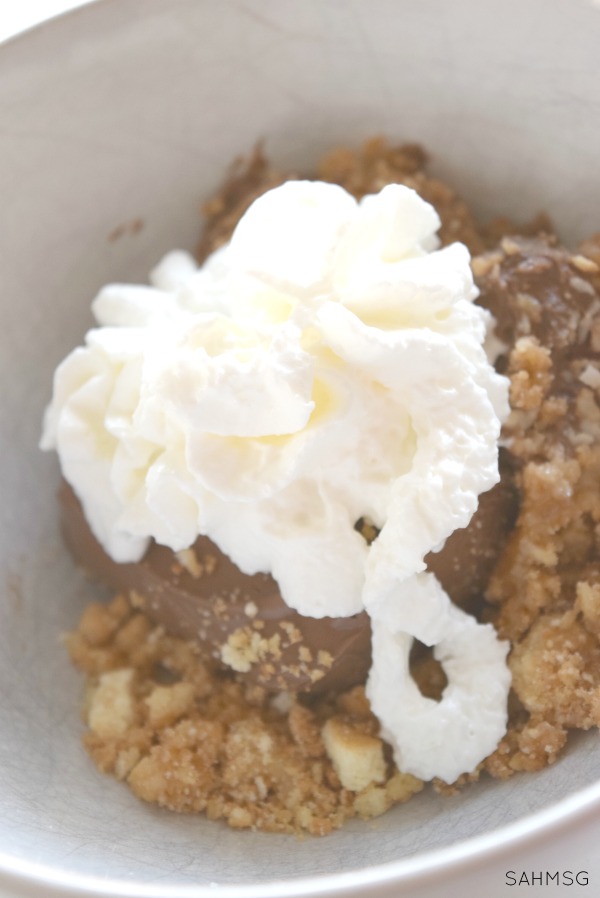 So yummy! This healthier version of chocolate pudding pie is so decadent! It takes minutes to put together too, so it's a quick kid-friendly dessert to make in a pinch.