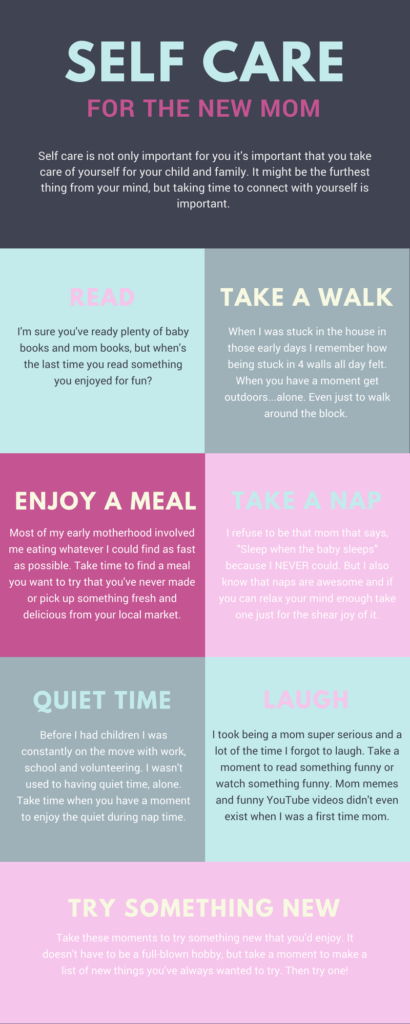 Self-Care for New Moms. Ideas for moms to fit in self-care and me time.