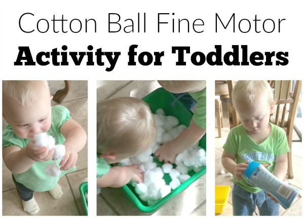One item activities allow little ones to explore. This cotton ball toddler fine motor activity combines fine motor exploration with sensory and creativity. We made this into an indoor gross motor activity too. So much fun with one supply!